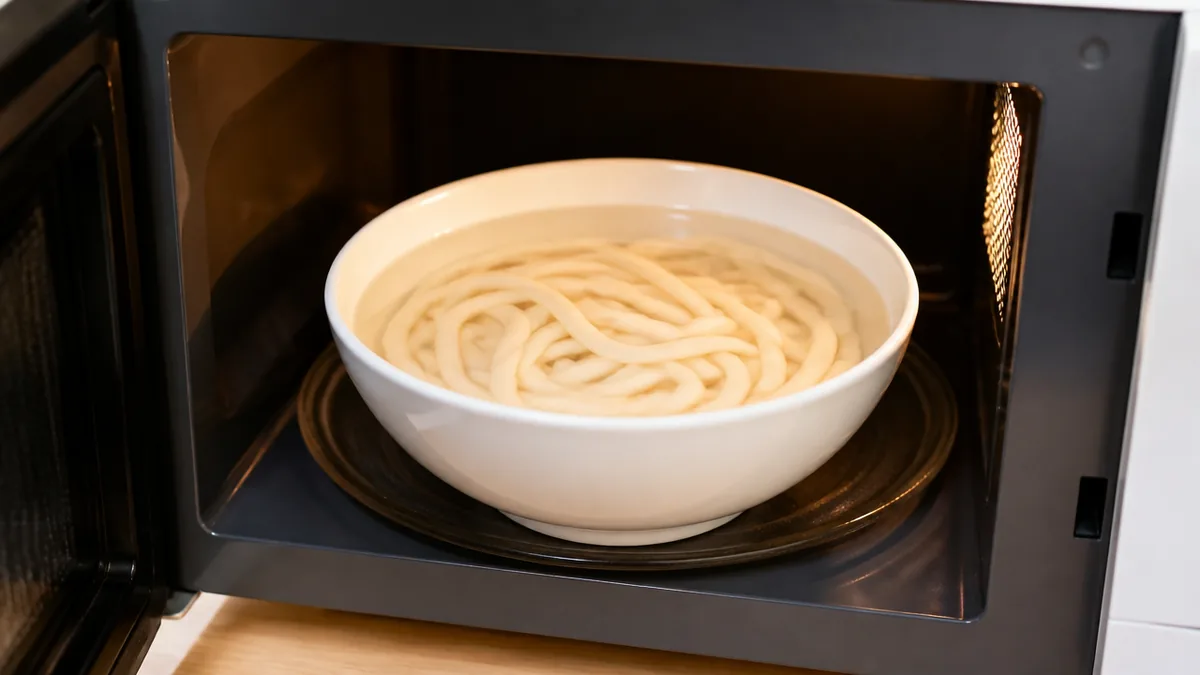 うどんをレンジで茹でるコツは丸い器と厚さ2cm｜乾麺13分・冷凍3分40秒の理屈のアイキャッチ画像
