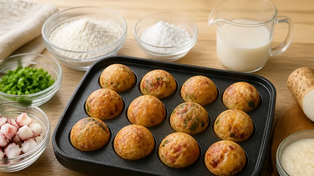たこ焼きは卵なしでも崩れない｜つなぎを片栗粉に替える理屈と粉70gで12個の配合のアイキャッチ画像