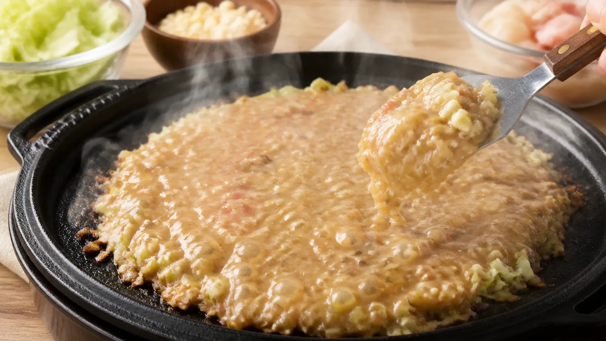 お好み焼きの粉でもんじゃは作れる|粉50gに水300mlで決まる生地の理屈のアイキャッチ画像
