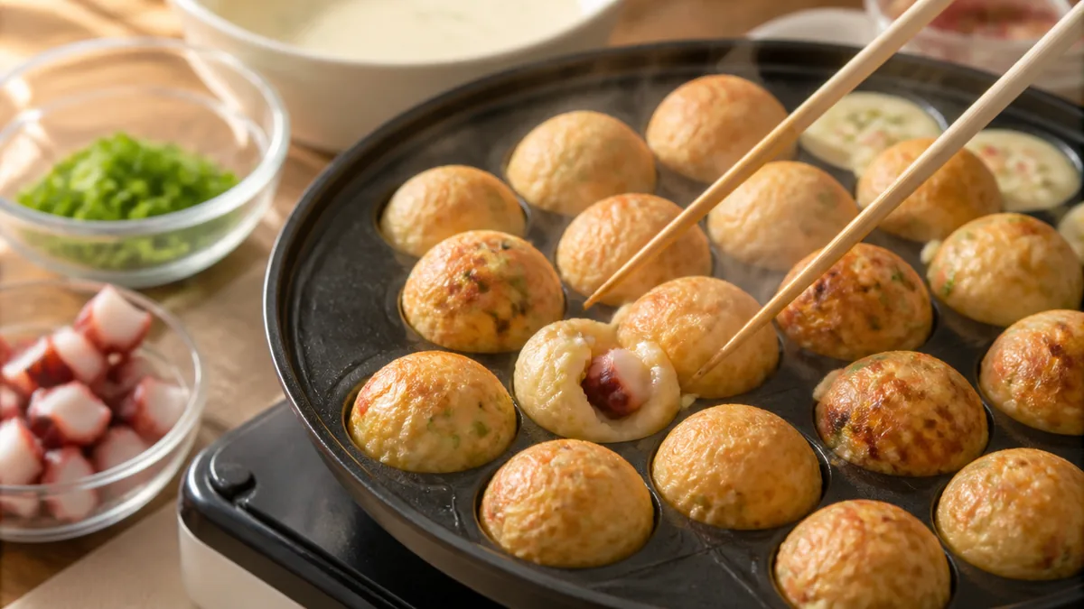 たこ焼き温度は200℃が基本｜外カリ中トロを決める3段階の火加減と返すタイミングのアイキャッチ画像