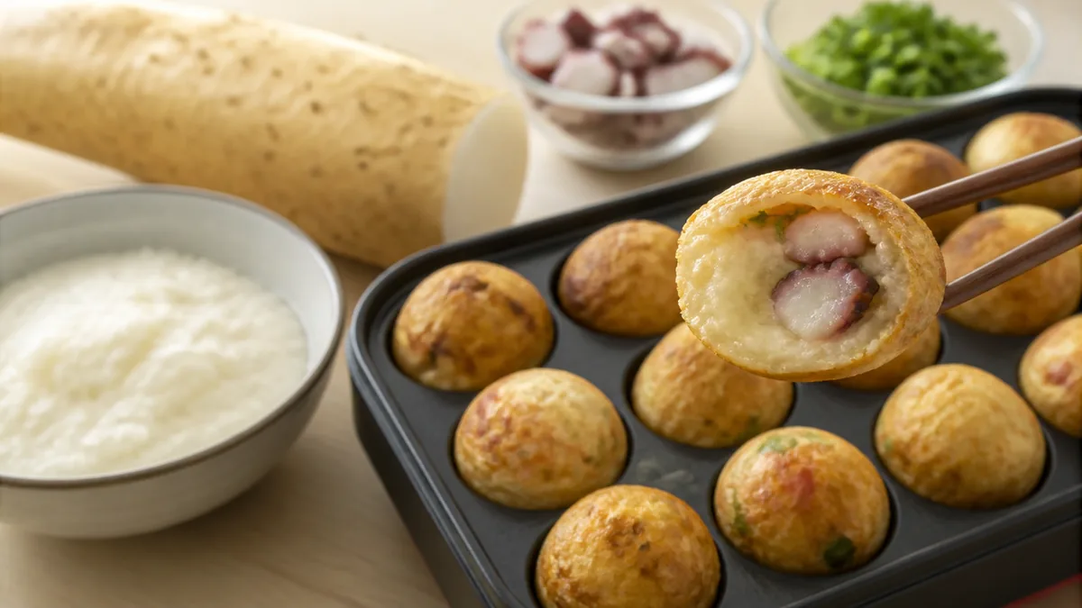 たこ焼き山芋は20個に30gが目安｜外ふわ中トロになる理屈とかゆみを防ぐ5つの方法のアイキャッチ画像