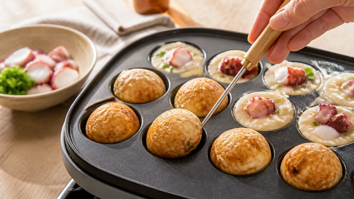 たこ焼きをひっくり返すタイミングは生地投入2分半〜3分半|固まる前に返すと球になる理屈のアイキャッチ画像