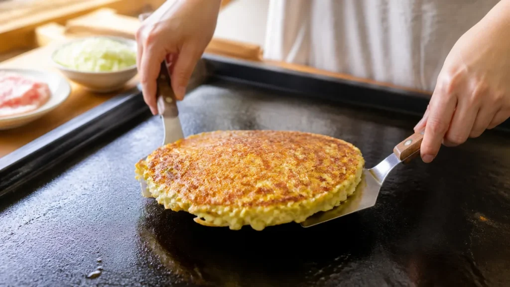 お好み焼きひっくり返し方は最初の3〜4分で決まる｜縁の乾きと手首で返す理屈のアイキャッチ画像