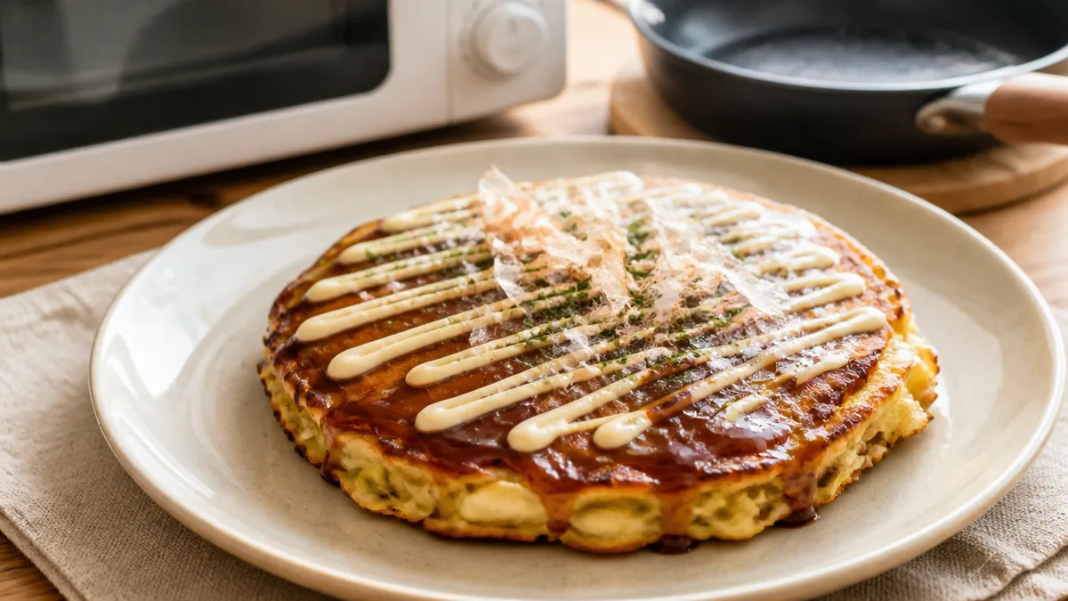 お好み焼きの温め直しはラップなし600Wで2〜3分|ベチャつく原因と外カリに戻す3つの方法のアイキャッチ画像