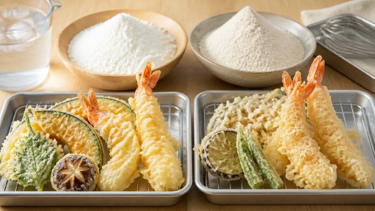 米粉天ぷら粉は油吸収率21%｜小麦粉38%より軽く揚がる理屈と混ぜすぎOKの理由のアイキャッチ画像
